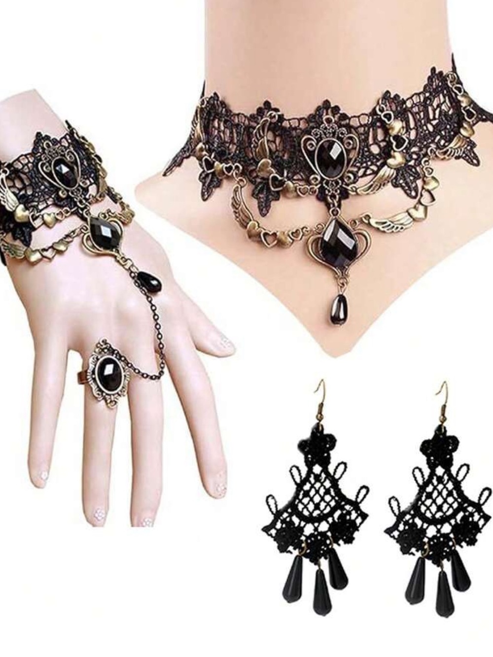 Gothic Victorian Lace Jewelry Set – Choker, Hand Chain Bracelet, Ring & Earrings